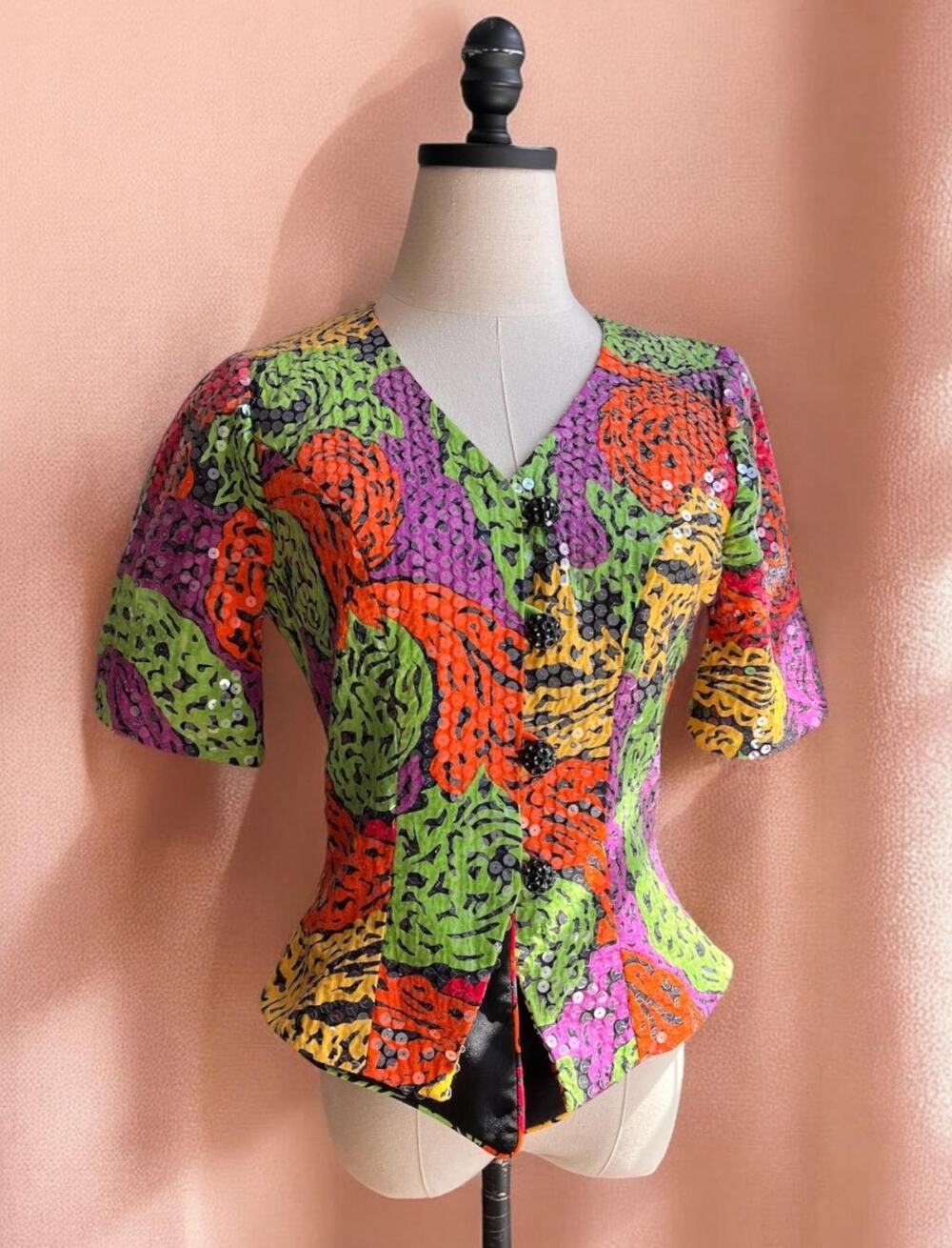 Vintage 80s Sequin Jacket Top | Neon Psychedelic Print Puff Sleeve Party Top | M